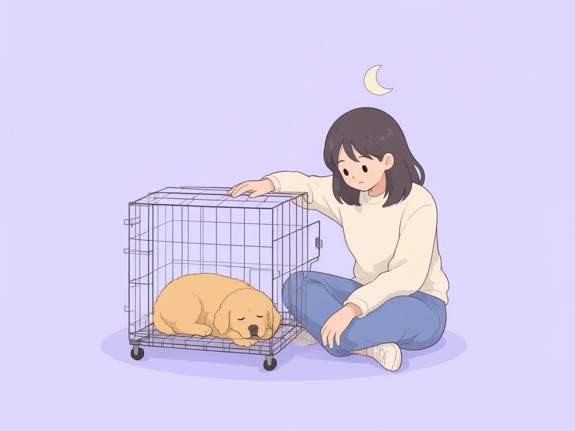 Illustration: a puppy asleep in a wire crate at night, with a woman sitting beside it under a crescent moon.