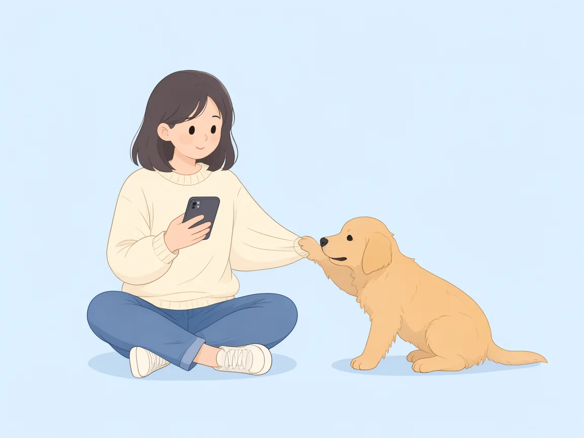 Illustration: a woman sitting cross-legged with her phone while her golden puppy nuzzles her arm.