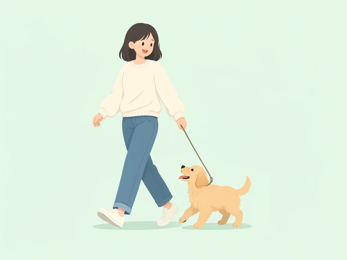 Illustration: a woman walking a golden puppy on a leash.