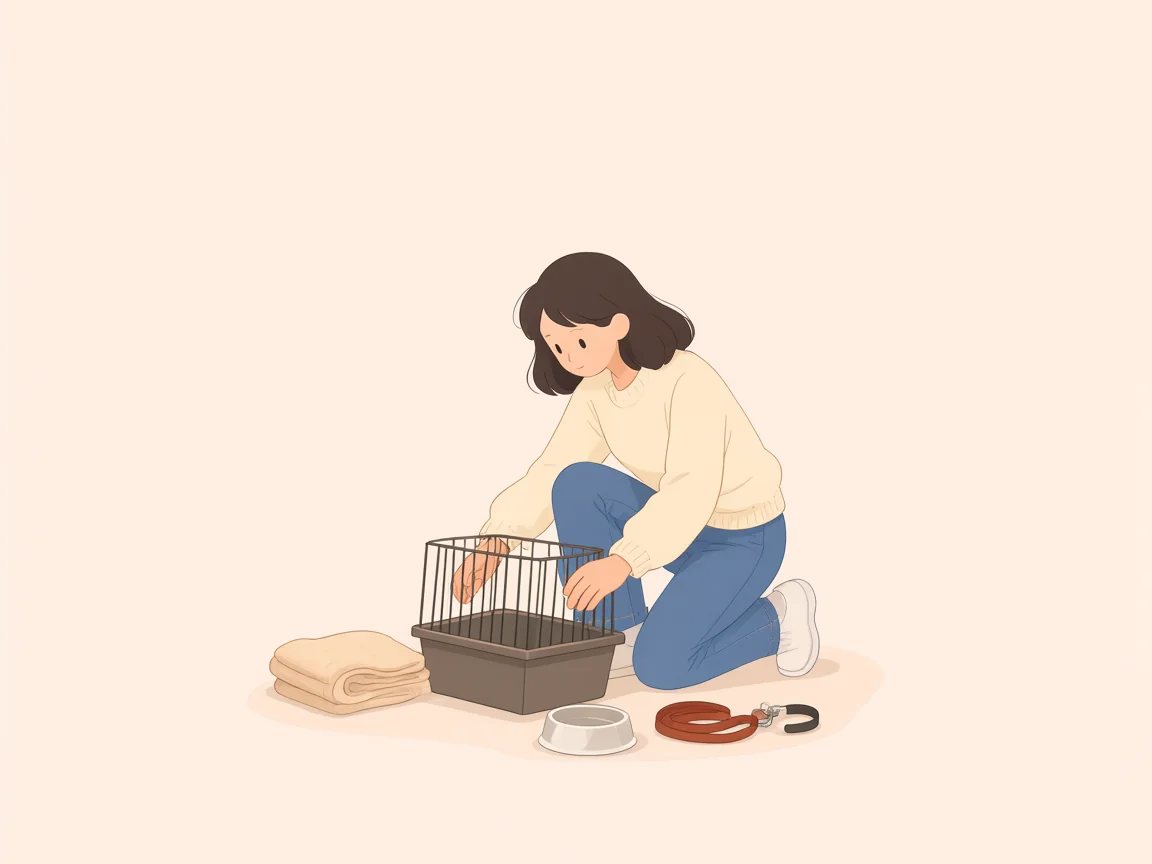 Illustration: a woman kneeling to set out a crate, blanket, bowl and leash before her puppy arrives.