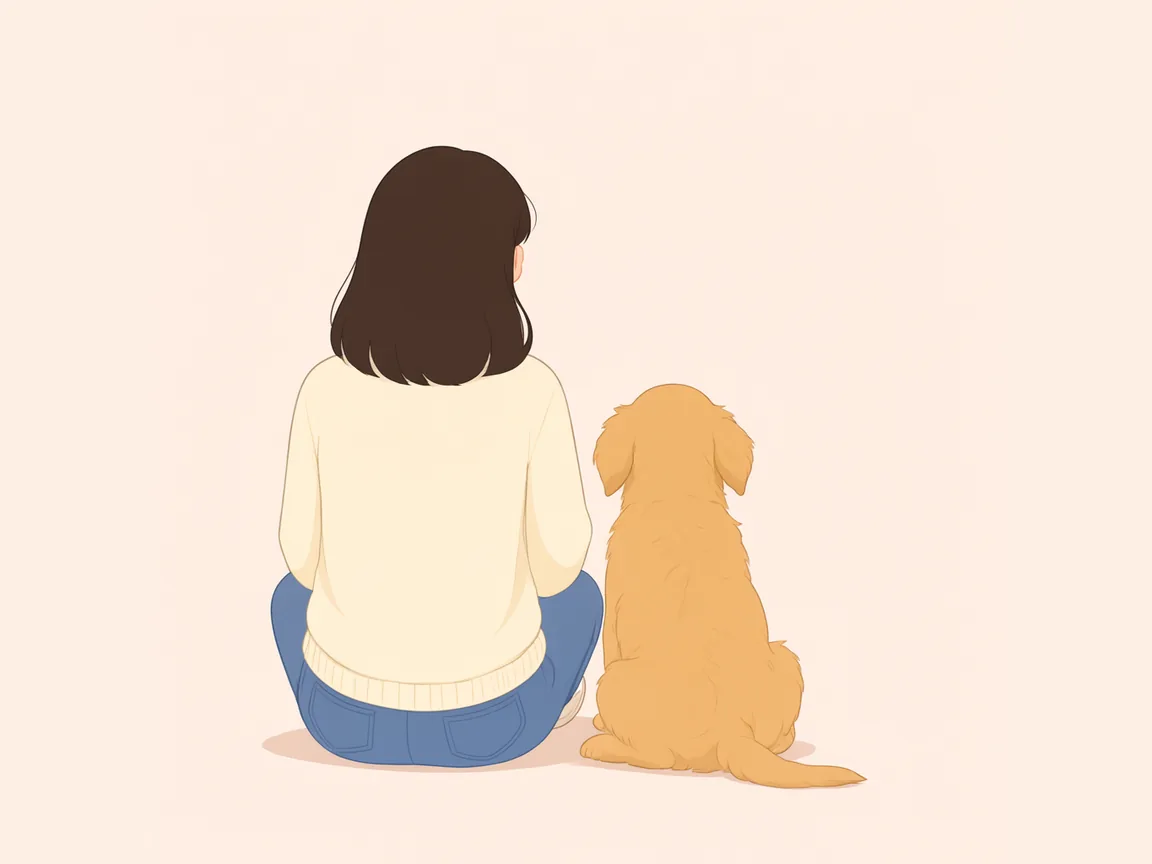 Illustration: a woman and a golden puppy sitting side by side, seen from behind.