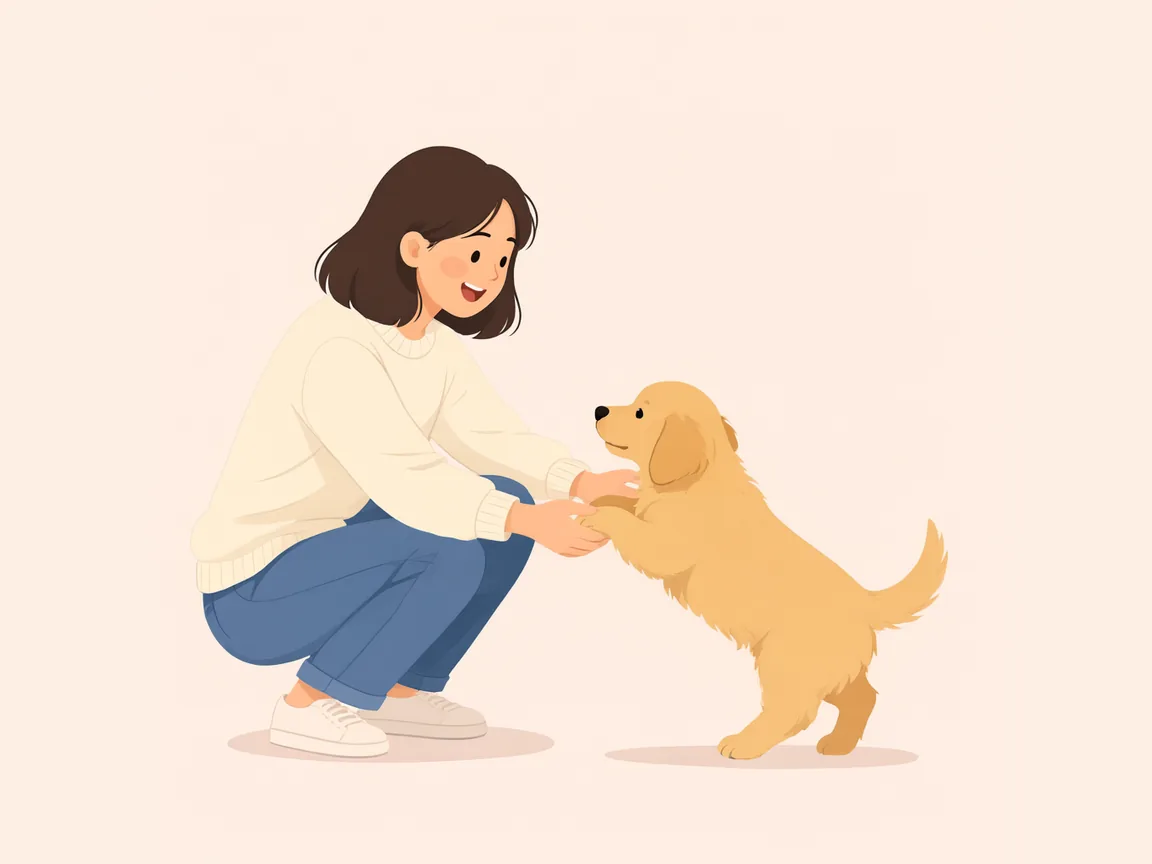 Illustration: a woman crouching with her hands out as a golden puppy jumps up to her.