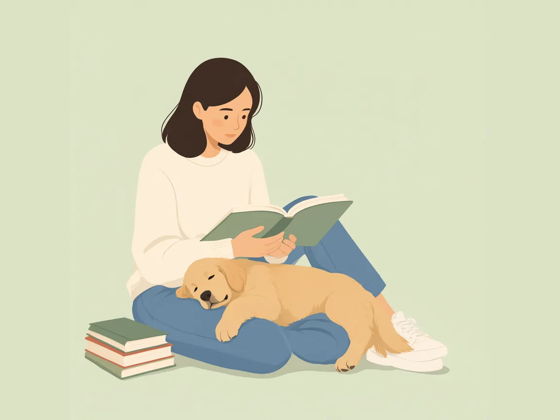 Illustration: a woman reading a book with a puppy asleep across her lap and a stack of books beside her.