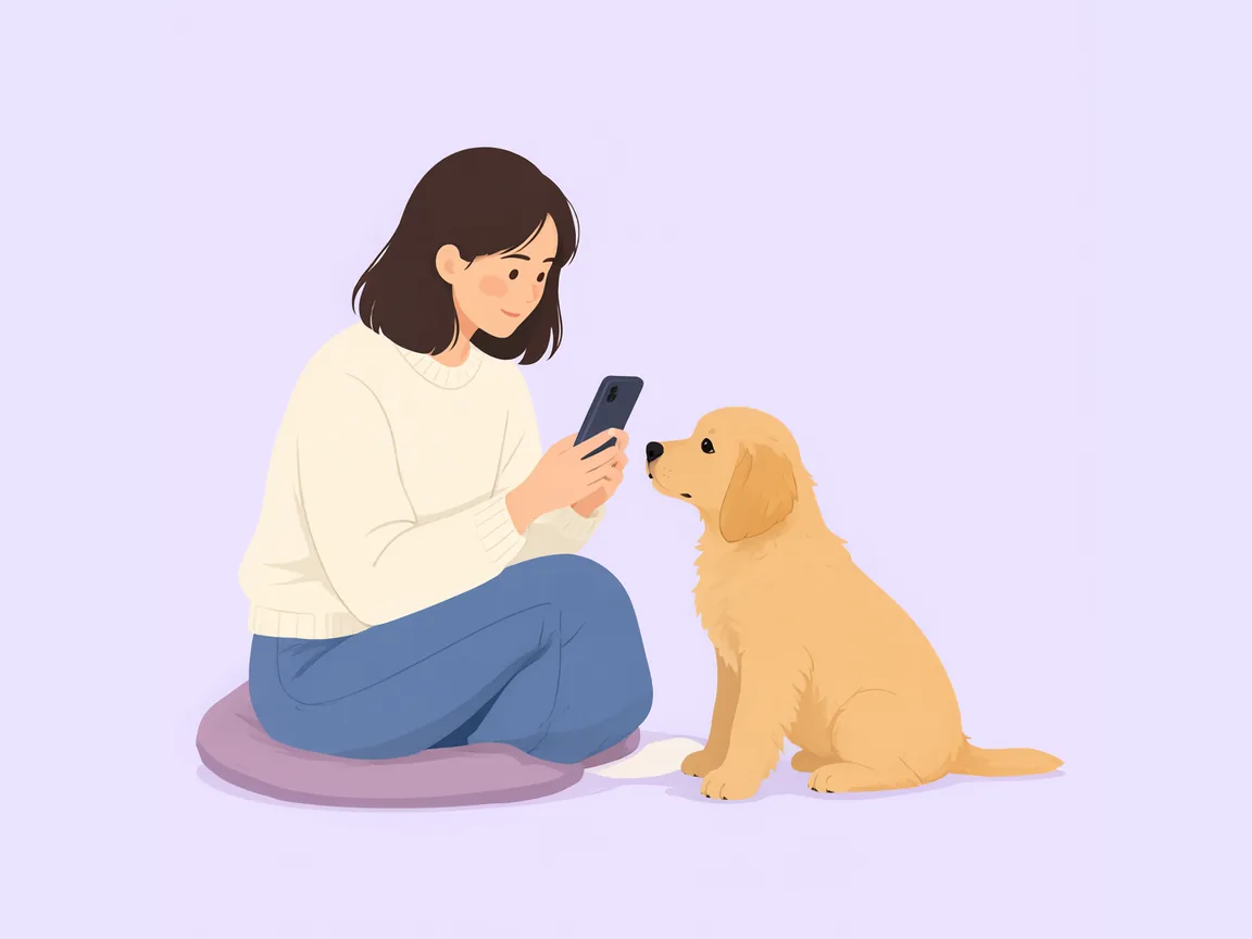 Illustration: a woman sitting on a cushion with her phone while a golden puppy sniffs it.
