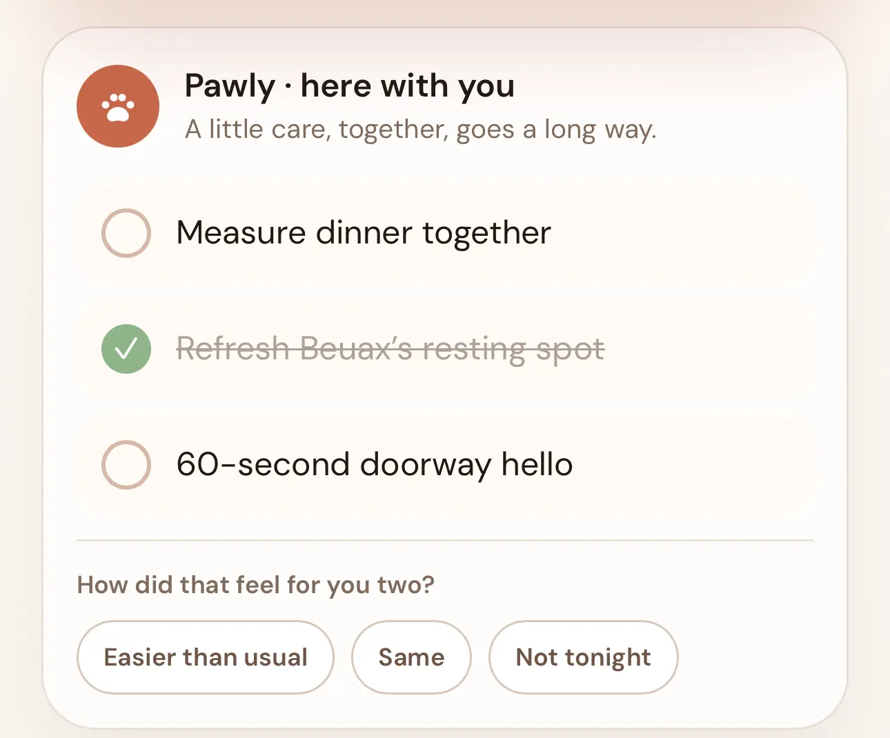 Pawly check-in card showing calm, shared care actions for a dog and owner