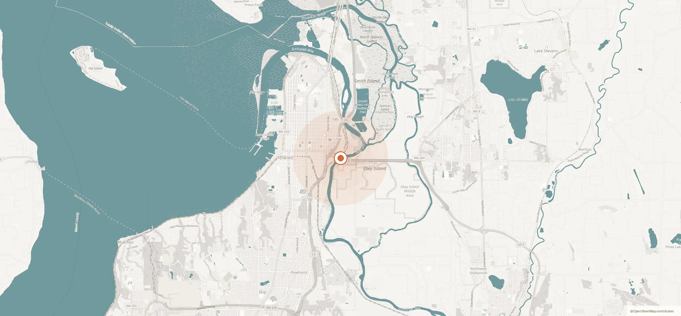 Locator map of the Snohomish River at Everett, Washington, marking the example saved place.